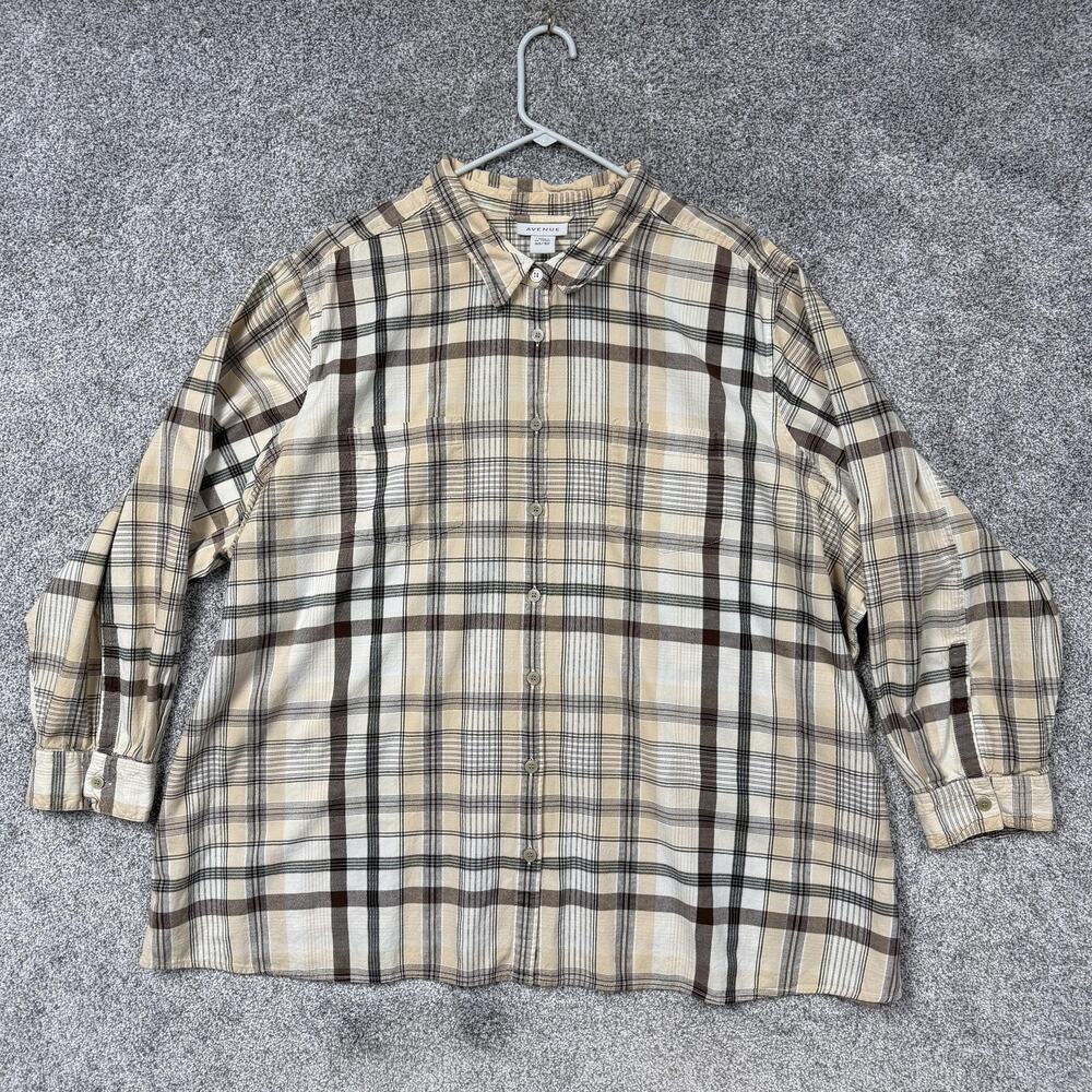 Avenue Button Up Shirt Womens 30/32 Plus Beige Plaid Cabincore Cottagecore